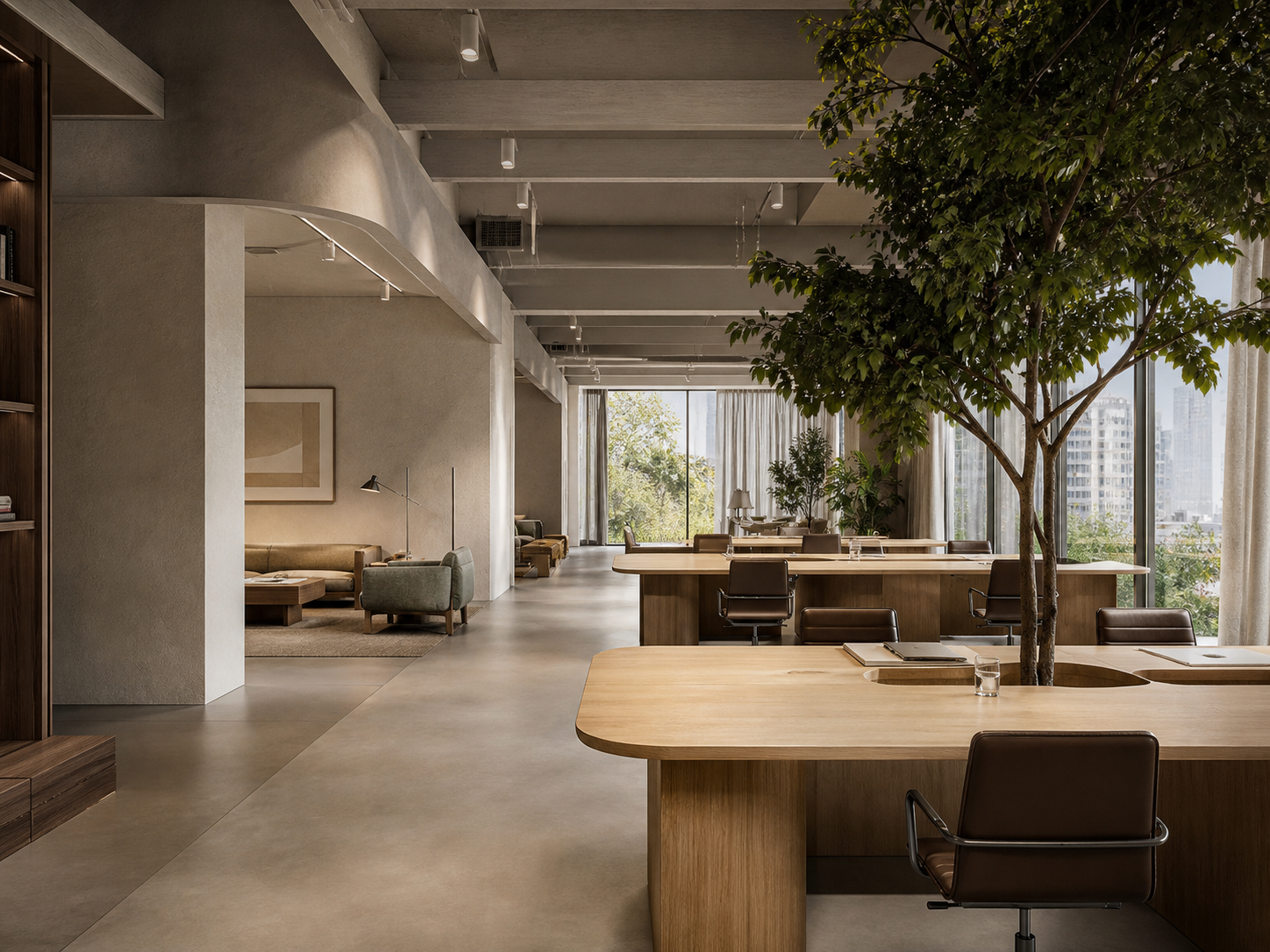 Workplace kontemporer dengan meja kayu modular dan pohon indoor
