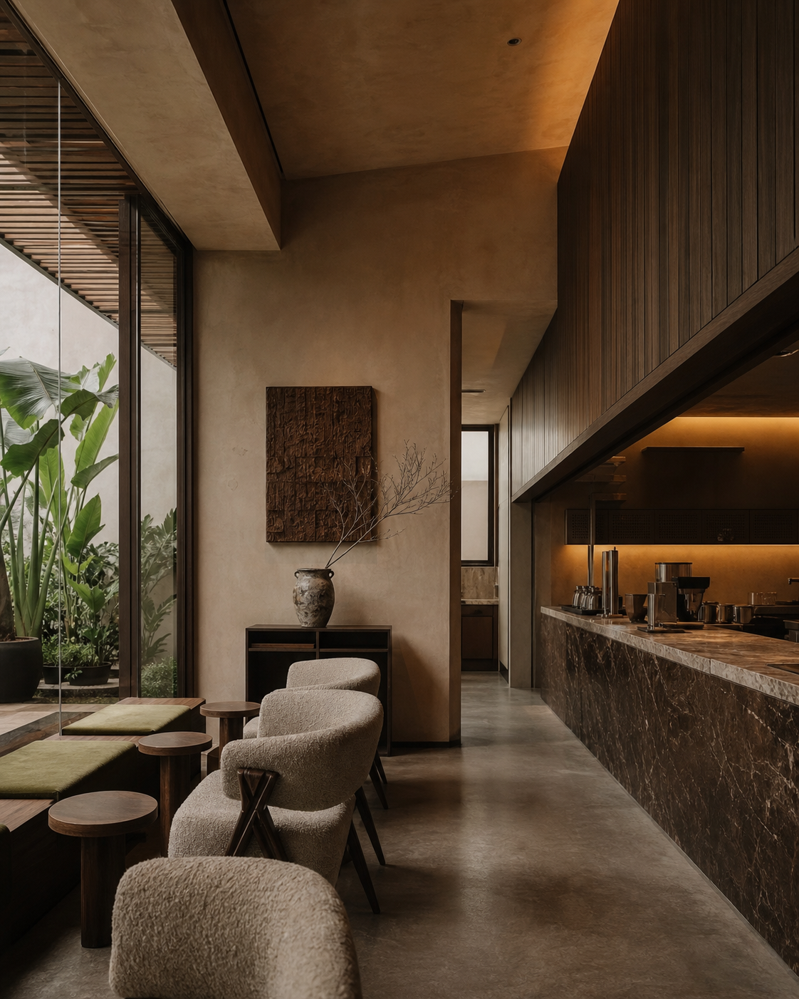 Interior coffee shop bernuansa kayu gelap dan plaster hangat