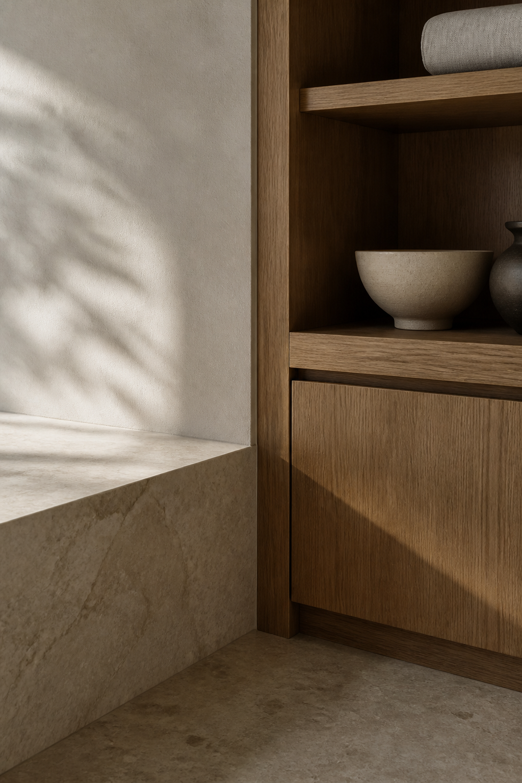Interior rumah kontemporer dengan kayu natural dan cahaya hangat