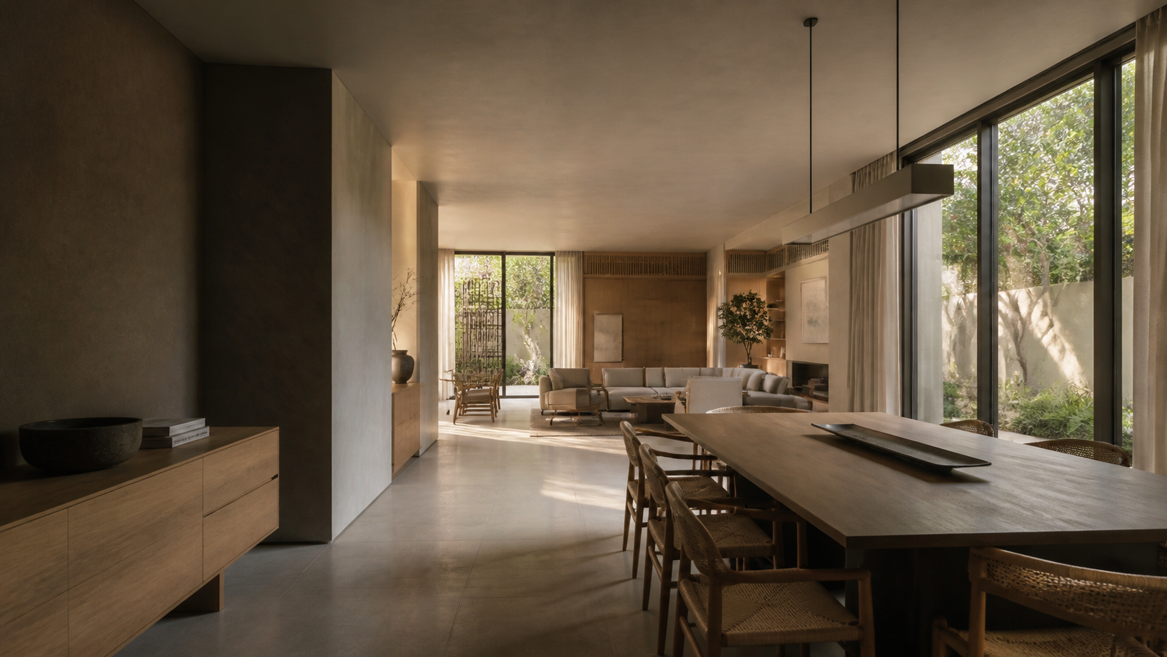 Interior rumah kontemporer dengan kayu natural dan cahaya hangat